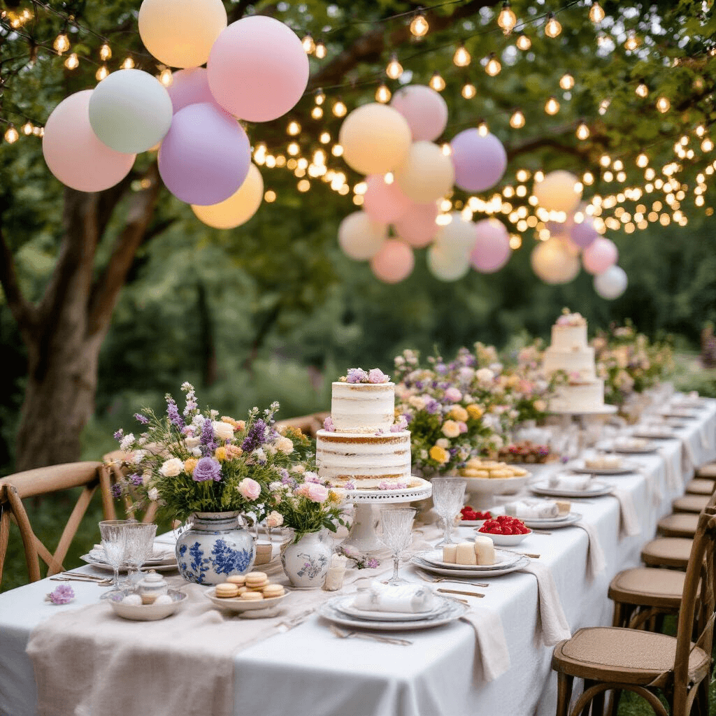 A whimsical outdoor celebration featuring long farmhouse tables draped in white linens, adorned with vintage French pottery filled with wildflowers, mismatched china, and crystal glassware. Twinkling lights and pastel balloons overhead enhance the magical atmosphere, complemented by personalized lavender sachets as place cards. A rustic dessert display showcases a tiered naked cake surrounded by macarons and fresh berries.