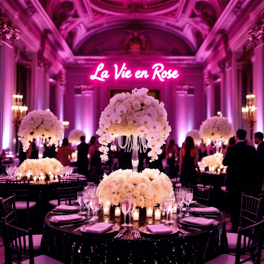 An elegant black-tie event in a grand ballroom featuring black sequin tables, crystal candelabras, and white orchid centerpieces, illuminated by a pink neon sign and surrounded by a backdrop of fresh white roses.