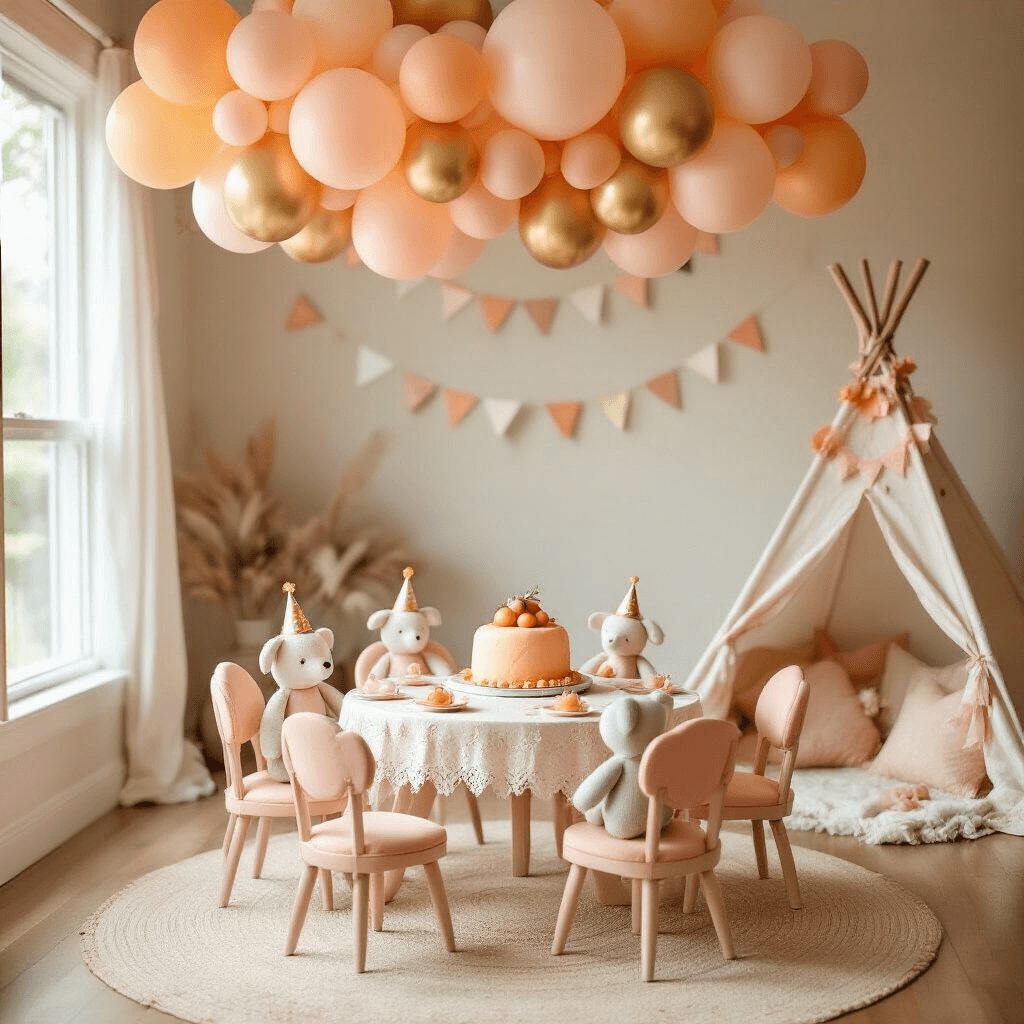 A whimsical first birthday celebration in a sun-drenched living room, featuring a low kids' table with a lace tablecloth, tiny peach chairs, and a miniature peach-shaped smash cake surrounded by stuffed animal guests in party hats. Above, a cloud of peach, blush, and gold balloons forms a dreamy canopy, while a cozy teepee with peach bunting and soft cushions sits in the corner. The scene is captured from a child's eye level, highlighting the magical perspective.
