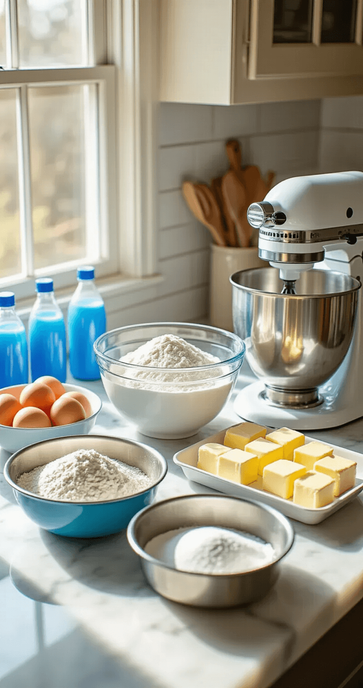 A sunlit kitchen countertop featuring baking ingredients: mixing bowls with flour and sugar, farm-fresh eggs, softened butter cubes, and blue gel food coloring, with two 8-inch cake pans and a stand mixer ready for use.