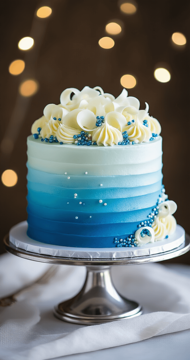 Two-layer azure blue cake on a silver stand, featuring smooth ombré buttercream frosting, white chocolate curls, pearlescent sugar decorations, and metallic blue sprinkles, with soft bokeh background.