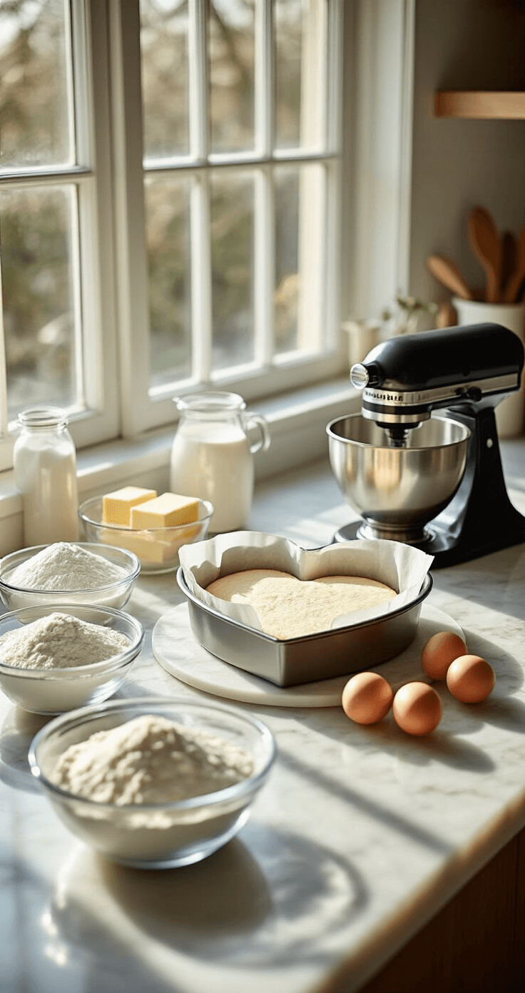 A sunlit modern kitchen counter featuring neatly arranged ingredients in glass bowls for baking a heart cake, including flour, sugar, eggs, and butter, with a professional stand mixer and a heart-shaped cake pan lined with parchment paper. Natural morning light casts soft shadows on the marble countertop.