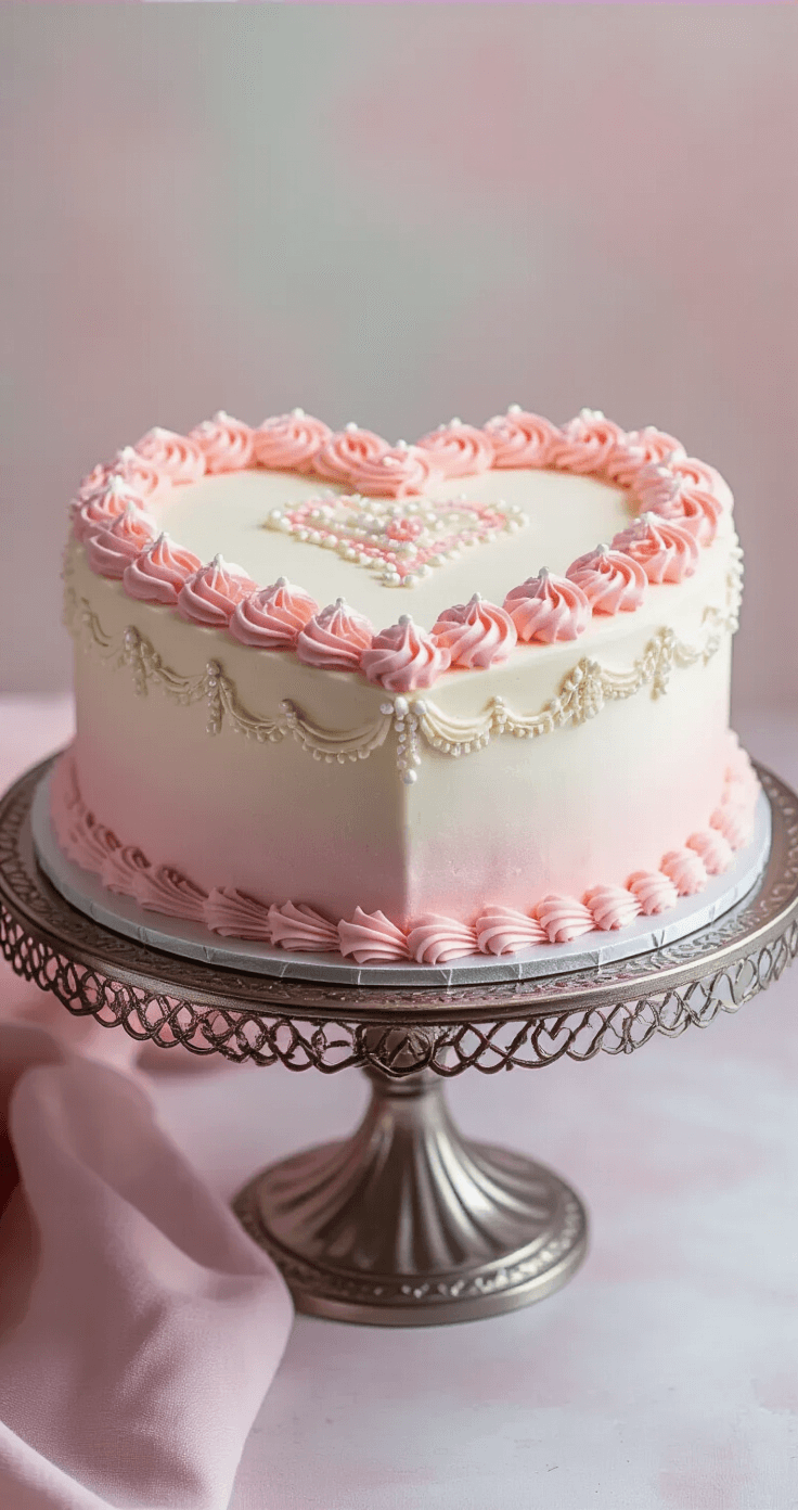A beautifully decorated heart-shaped cake with pink buttercream frosting, intricate white piping, sugar pearls, and metallic accents, displayed on a silver cake stand against a soft pastel background.