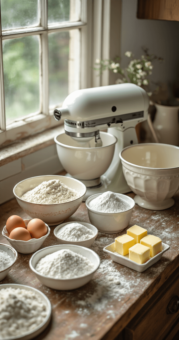 Close-up of baking preparation with ingredients like flour, sugar, eggs, and butter arranged on a rustic countertop, illuminated by soft natural light, featuring vintage ceramic bowls and a heart-shaped pan.