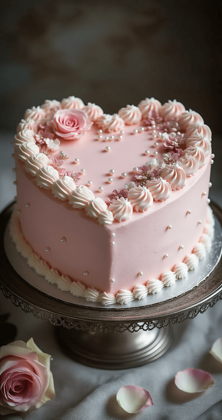 Professional overhead shot of a vintage-style heart cake on an antique silver stand, topped with smooth pink buttercream, white piped borders, delicate rosettes, edible pearls, vintage sugar flowers, fresh rose petals, and subtle edible glitter.