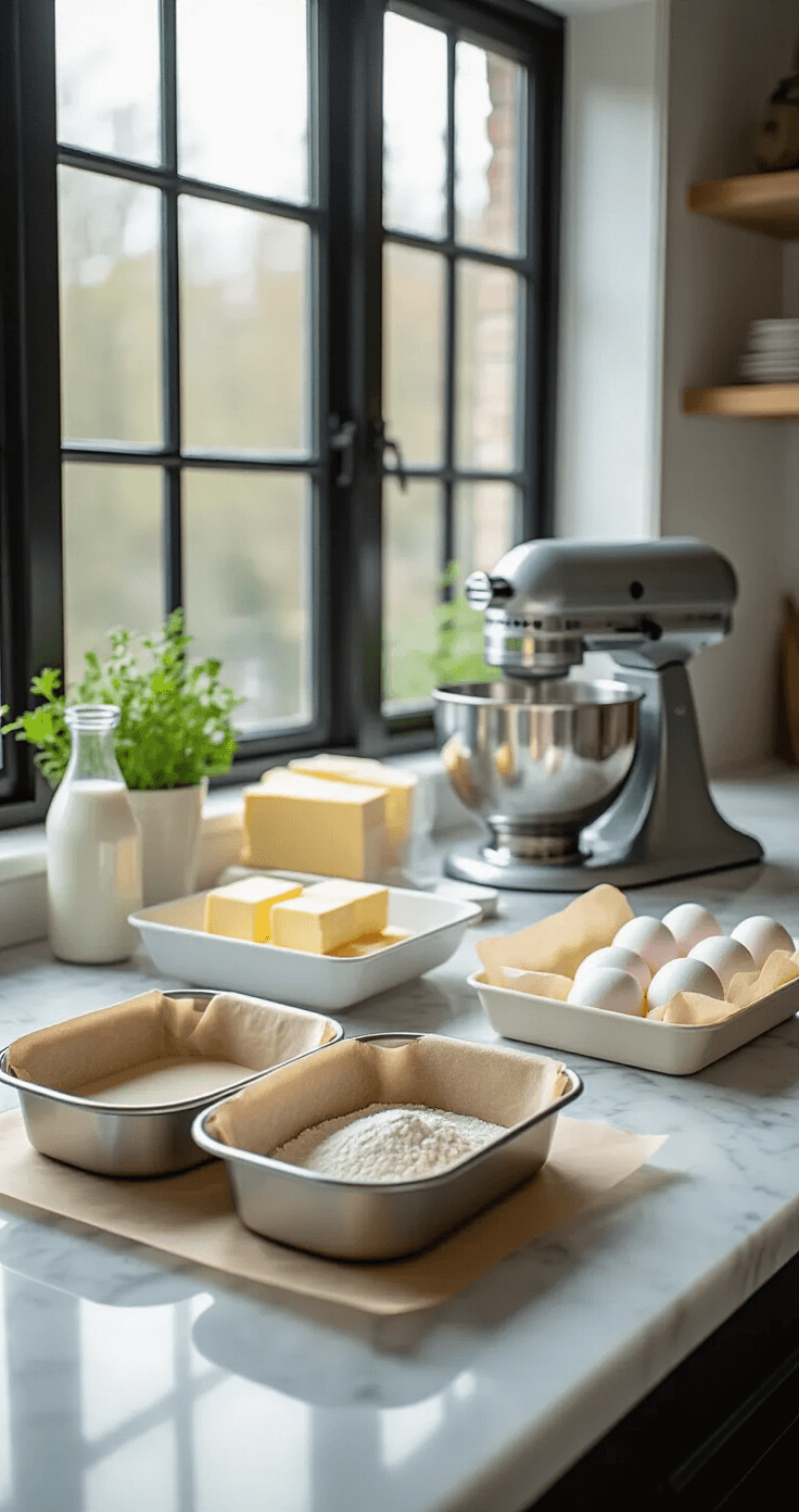 A bright professional kitchen with a marble countertop set up for cake preparation, featuring two lined cake pans, room temperature butter and eggs, and elegant glass bowls of measured dry ingredients. A stand mixer is in soft focus, ready for use.