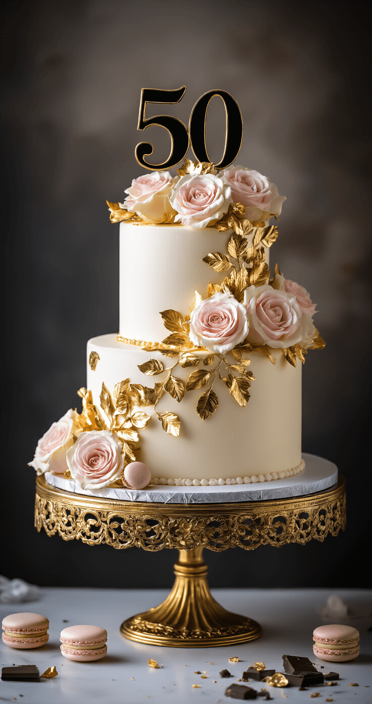 Opulent two-tier 50th birthday cake on a gold stand with white buttercream, gold leaf accents, pastel roses, black and gold '50' topper, macarons, and chocolate shards, highlighted by dramatic lighting.