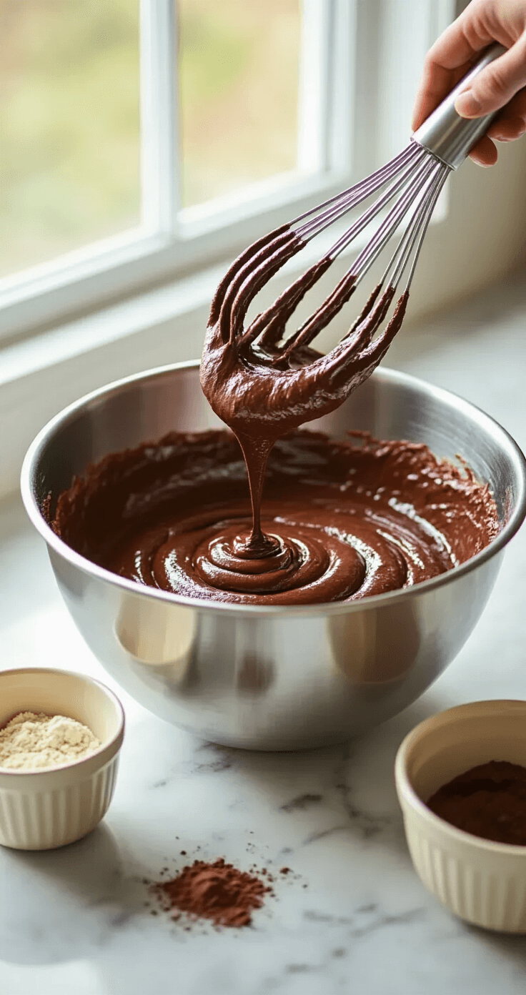 Close-up of glossy chocolate cake batter being whisked in a stainless steel bowl, illuminated by natural light, with cream-colored mixing bowls and measuring cups nearby on a marble countertop.