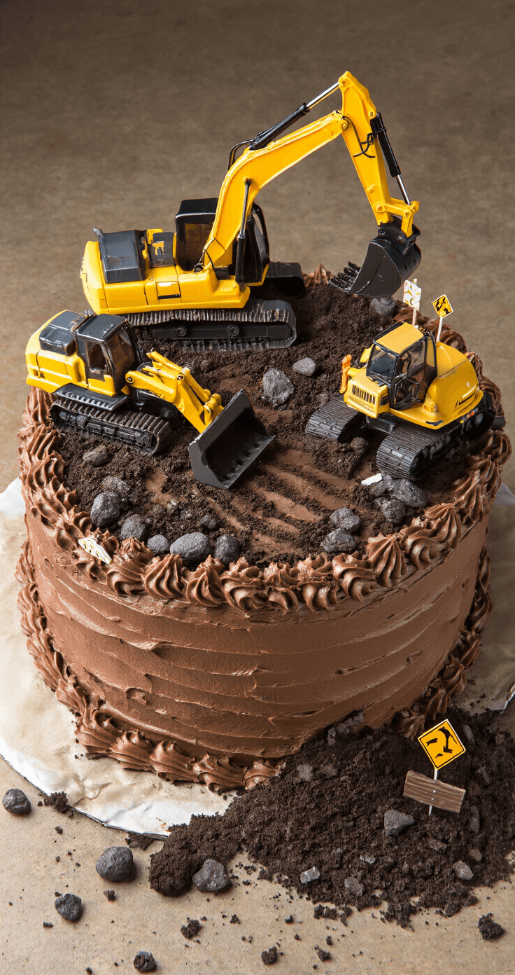 Overhead view of a detailed construction-themed cake with miniature bulldozers and excavators on crushed Oreo dirt, chocolate frosting mud banks, and edible chocolate rocks, all illuminated by dramatic lighting emphasizing textures and shadows.