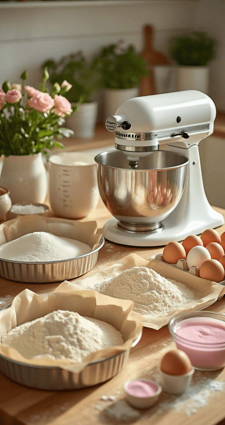 A sunlit kitchen countertop featuring neatly organized baking ingredients, including crystalline sugar, flour-dusted measuring cups, farm-fresh eggs, and pastel pink gel food coloring, with parchment-lined cake pans and a stand mixer, all bathed in warm, inviting natural light.