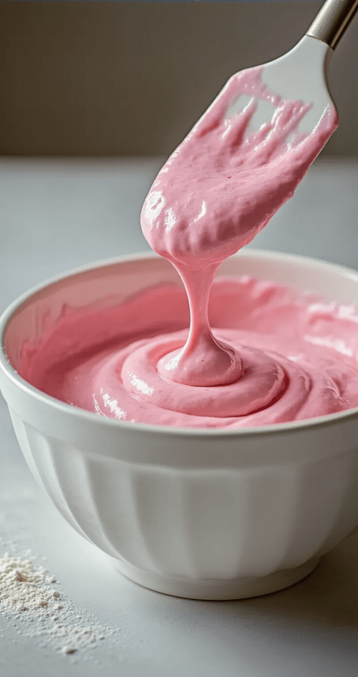 Close-up of silky rose-pink cake batter being folded in a glossy white bowl, showcasing its smooth texture and air bubbles under soft studio lighting. A spatula mid-motion emphasizes the delicate mixing technique.