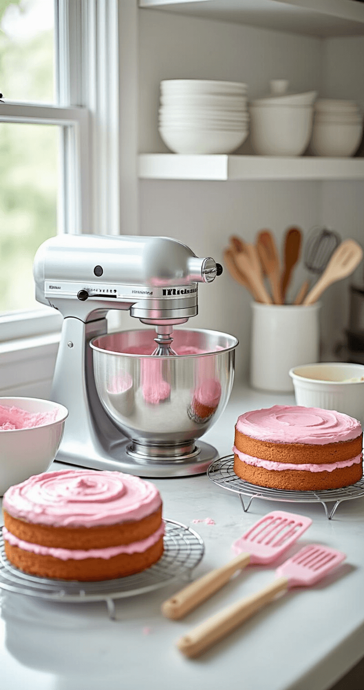 A bright, organized kitchen with a stainless steel stand mixer, pastel pink cake layers cooling on wire racks, and natural light highlighting various baking tools. A blurred bowl of pink velvet cake batter is visible in the foreground.