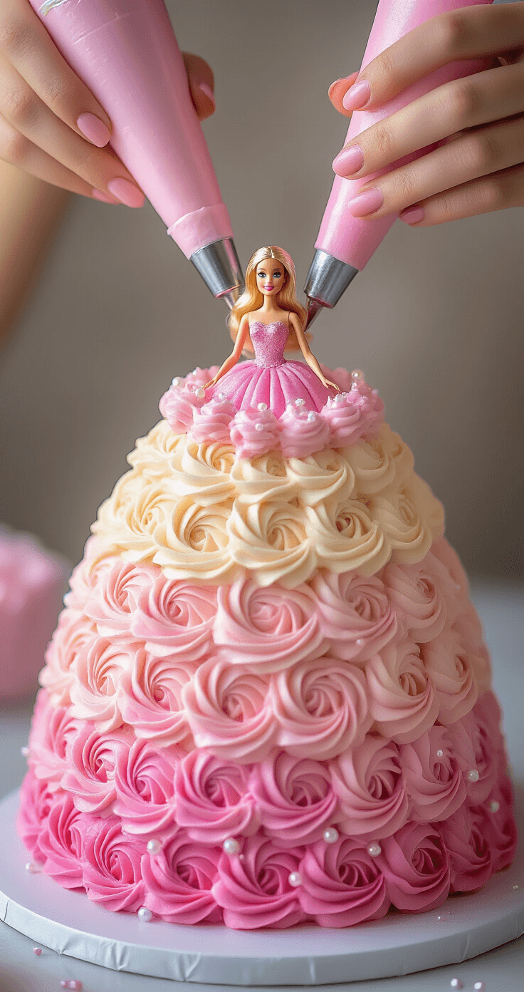 Close-up of hands piping ombre pink buttercream rosettes on a bell-shaped cake, with an elegantly wrapped Barbie doll at the center, surrounded by shimmering edible pearls and sparkles of edible glitter.