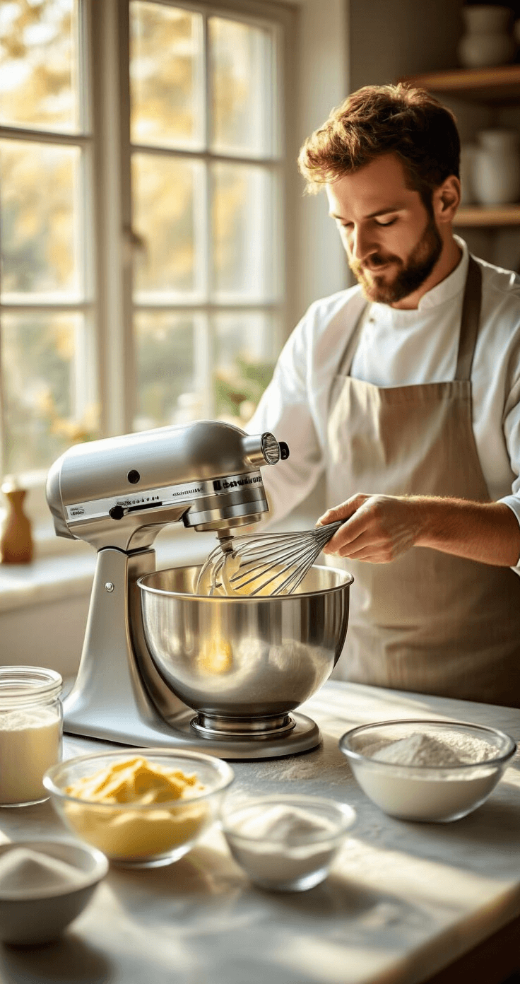 A professional baker creams butter and sugar in a stainless steel mixer on a marble countertop, illuminated by golden afternoon light, with flour particles in the air and measured ingredients in glass bowls nearby.