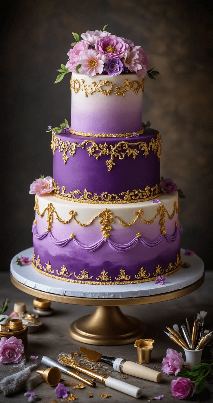 An intricately decorated 3-tier birthday cake with an ombre effect from deep purple to soft lilac, featuring metallic gold leaf accents and baroque piping details, situated on a rotating cake stand in dramatic lighting, with professional piping tips, edible flowers, and fondant tools in the foreground.