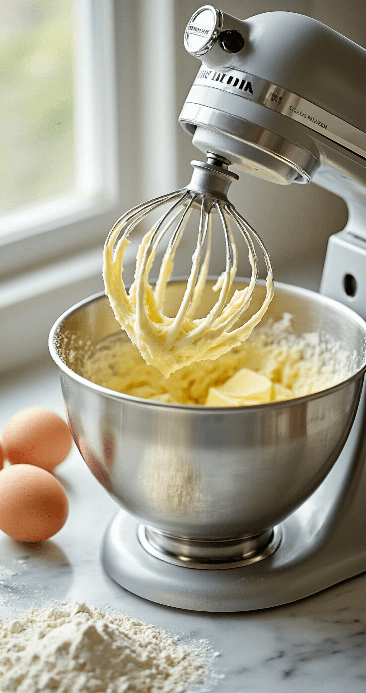 Close-up of a stand mixer creaming butter and sugar, showcasing a fluffy pale yellow mixture with soft natural light from a kitchen window, stainless steel bowl, and scattered cake flour and fresh eggs in the background.