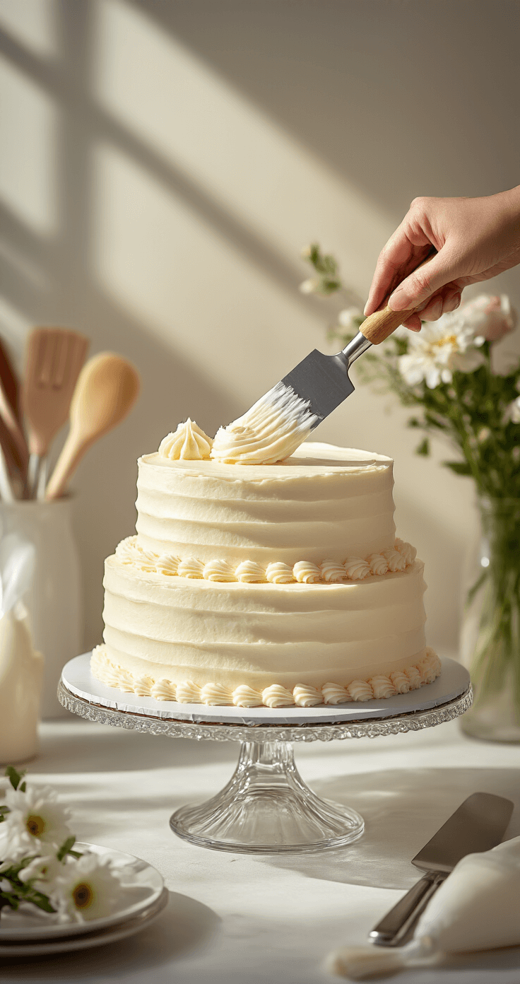 Professional overhead view of a pristine white two-layer birthday cake being frosted with silky vanilla buttercream on a crystal cake stand, with warm lighting and elegant shadows, featuring a stainless steel spatula smoothing frosting and decorative piping bags and fresh flowers in the background.