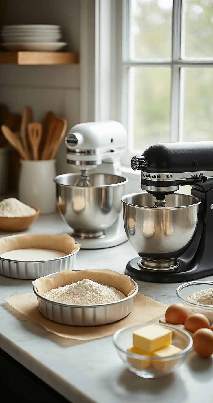 Softly lit kitchen countertop showcasing a professional baking setup with two round cake pans, a stand mixer, and measured ingredients in glass bowls, illuminated by natural light through a window.