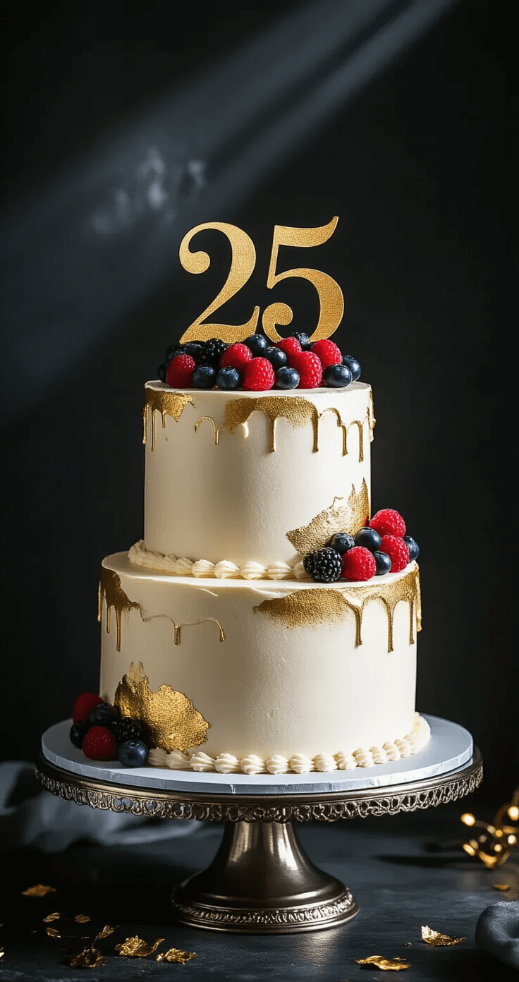Stunning three-layer 25th birthday cake with pearl-white buttercream frosting, metallic gold accents, fresh berries, and a gold '25' topper on a silver stand against a dark background.