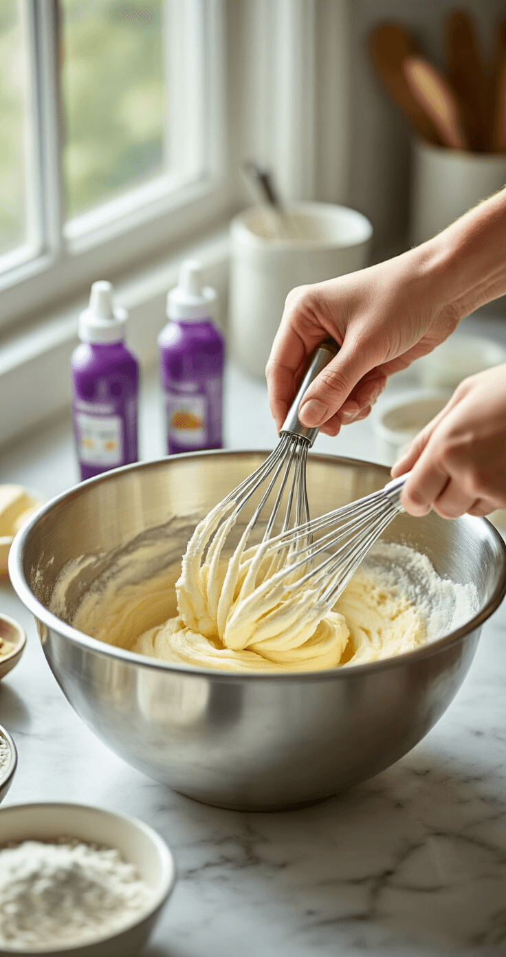 Close-up of hands creaming butter and sugar in a stainless steel bowl, illuminated by soft natural light, with baking tools and purple food coloring nearby on a marble countertop.