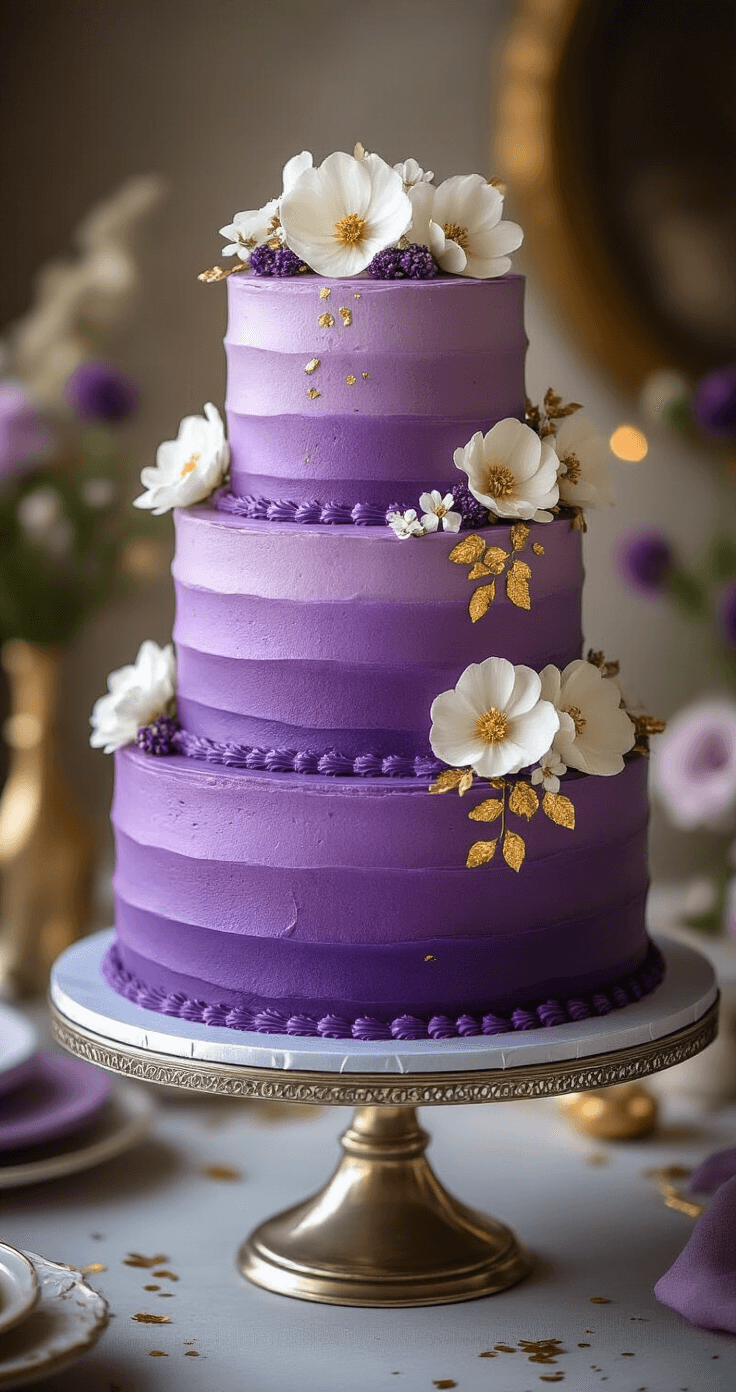 Three-tiered purple cake with ombre frosting, adorned with gold leaf and white flowers, displayed on a silver cake stand in a blurred upscale party setting.