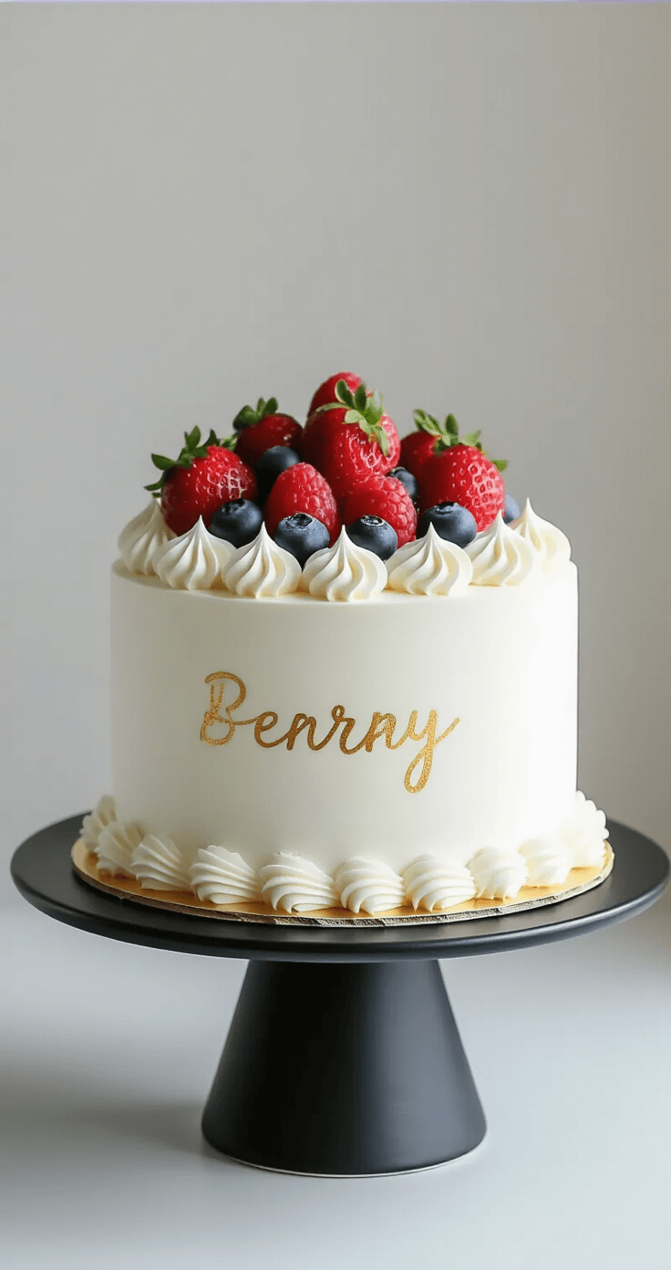 A minimalist white cake with smooth whipped cream frosting and geometric pastel piping is displayed on a black ceramic stand. Fresh strawberries and blueberries are arranged on top, complemented by hand-painted gold lettering, all highlighted by gentle side lighting.