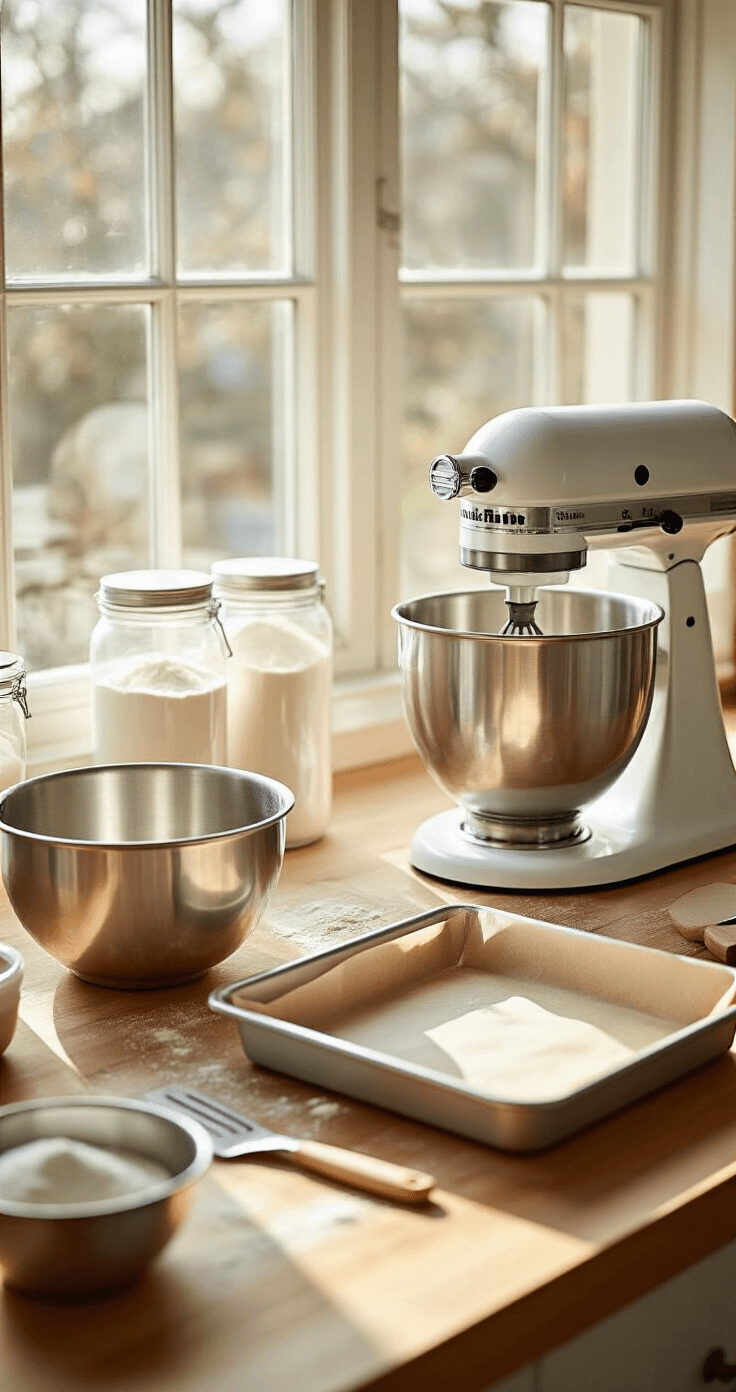 A bright and inviting professional baking station featuring metal mixing bowls, clear glass containers with measured ingredients, and two greased 8-inch cake pans lined with parchment paper, all illuminated by warm natural light.