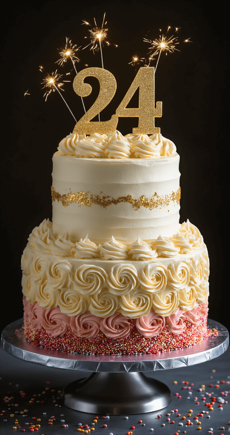 Elegant two-tiered 24th birthday cake on a rotating silver stand, decorated with smooth vanilla buttercream, metallic gold accents, and edible glitter, featuring a '24' topper and rosette details, illuminated by dramatic side lighting.