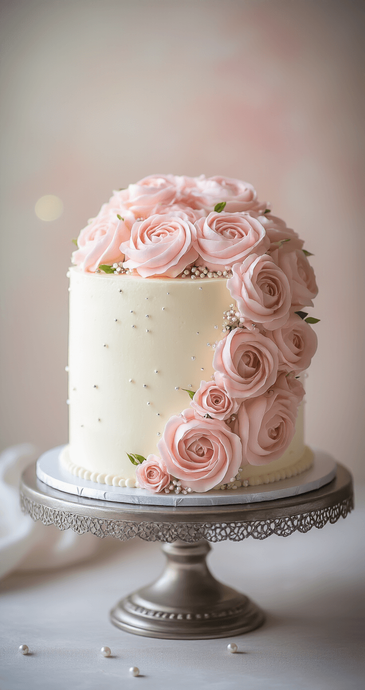 BIRTHDAY CAKE FOR WOMEN: EASY, ELEGANT & DELICIOUS A beautifully decorated birthday cake on a vintage silver stand, featuring smooth white buttercream frosting, delicate pink rosettes, fresh pale pink roses, silver sprinkles, and pearl-like decorations, set against a soft-focus pastel background with a gentle spotlight.
