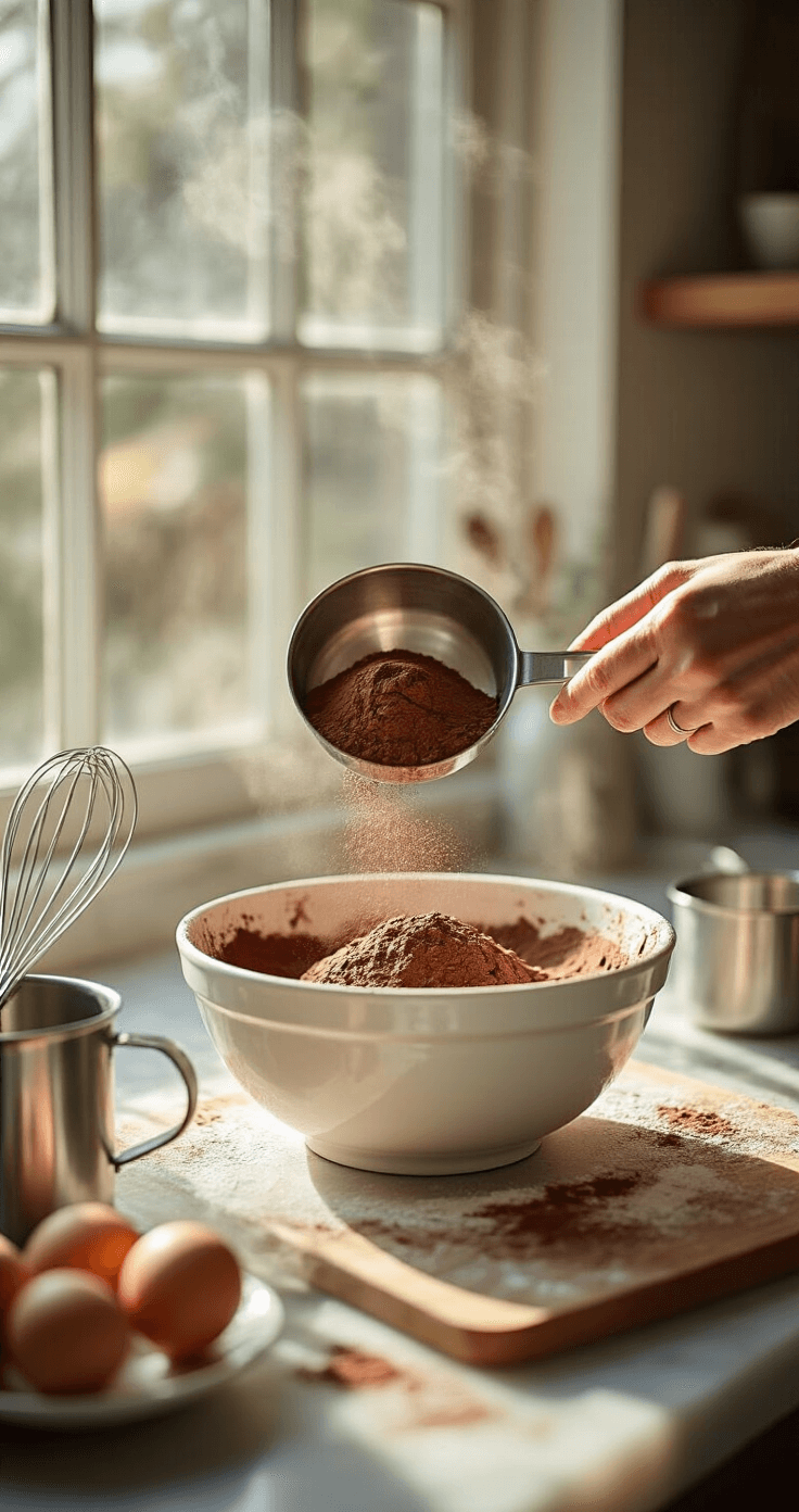 Close-up of hands sifting cocoa powder and flour into a white bowl in a warm, sunlit kitchen, surrounded by measuring cups and fresh ingredients on a marble countertop.