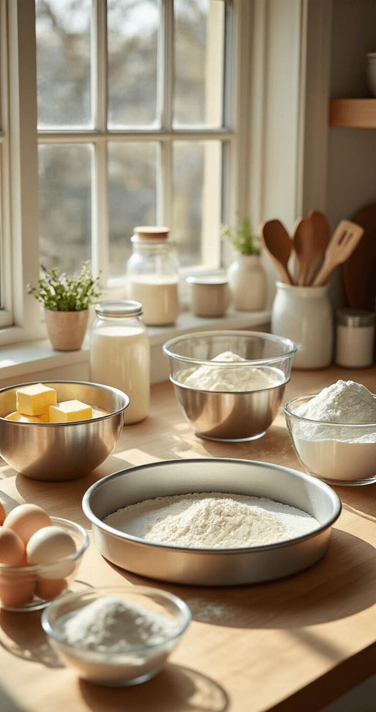 Sun-lit kitchen countertop with baking ingredients neatly arranged, including mixing bowls with butter and eggs, measured flour in glass containers, and professional baking tools, featuring a prominent 10-inch round cake pan in the foreground.