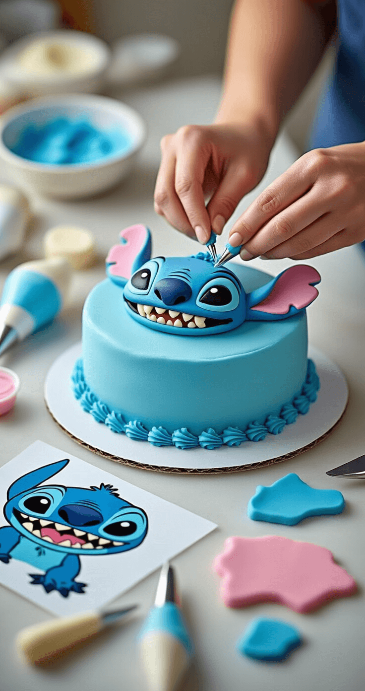 Close-up of hands applying vibrant blue fondant to a leveled cake, surrounded by professional decorating tools, colored buttercream, fondant pieces in Stitch's colors, and a reference template of Stitch's face, all illuminated by soft studio lighting.