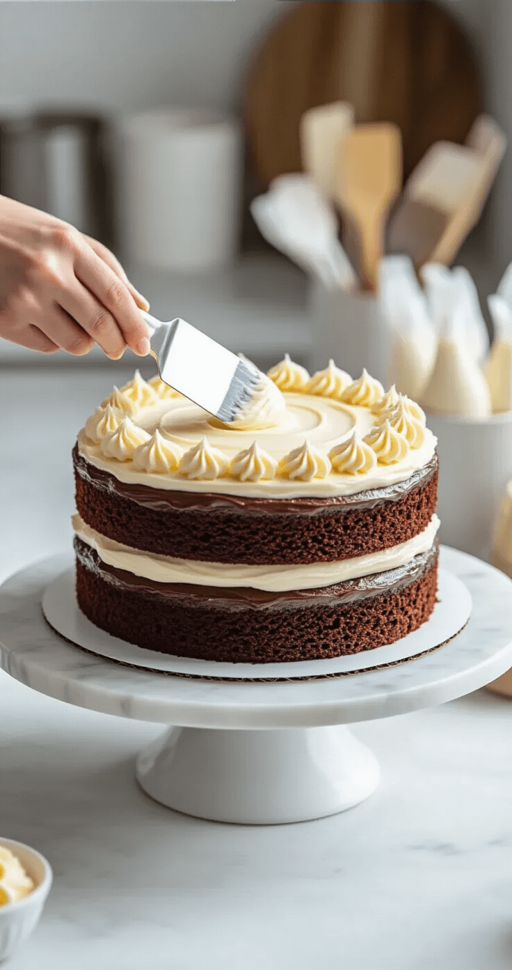 A baker expertly applies a thin layer of buttercream frosting to a chocolate layer cake on a white marble countertop, with soft natural lighting enhancing the details of the crumb coat and a cake turntable in use.