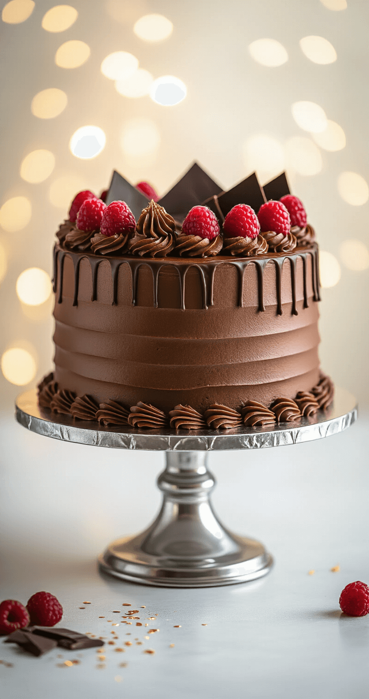 A beautifully decorated chocolate birthday cake on a silver stand, featuring smooth buttercream, piped rosettes, fresh raspberries, dark chocolate shavings, and golden accents, set against a bokeh background of a pastry kitchen.
