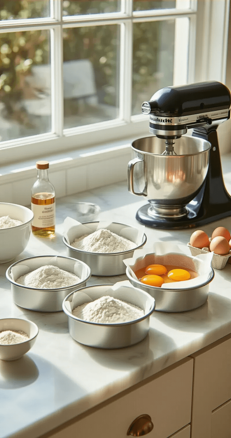 A modern kitchen with a marble countertop showcasing ingredients for a Kuromi cake, including lined cake pans, a stand mixer, sifted flour, and fresh eggs, all bathed in natural light.