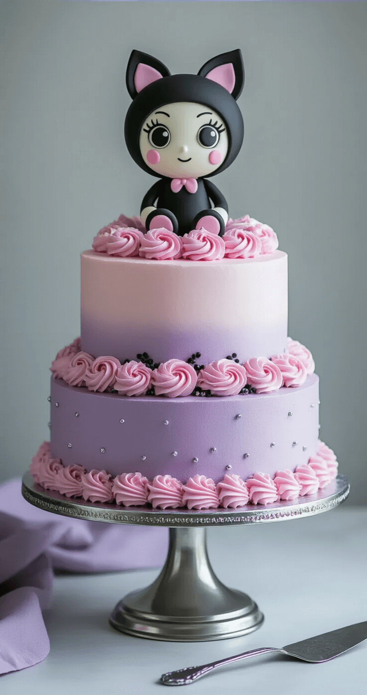 A three-tiered Kuromi-themed cake with lavender frosting, pink rosettes, and black accents, displayed on a silver stand against a gray backdrop, featuring a handcrafted topper and vintage piped borders.