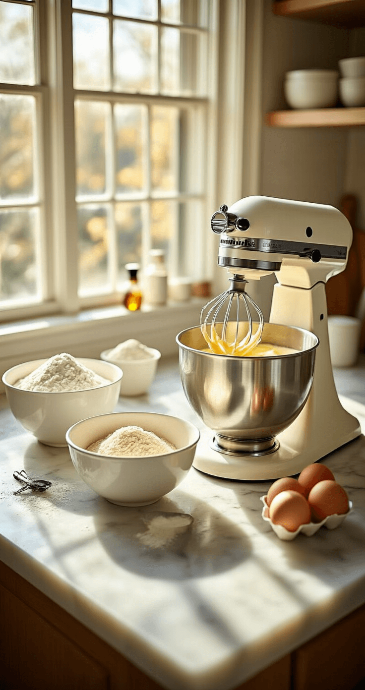 A bright professional kitchen with natural light, featuring bowls of dry ingredients and creamed butter, a stand mixer with batter, egg shells, and vanilla extract bottles on a marble countertop.