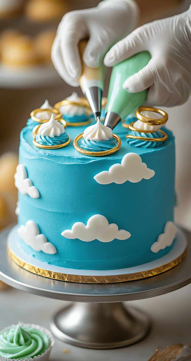 Close-up of a cake being decorated on a metallic turntable, featuring smooth royal blue buttercream, ethereal white fondant clouds, and golden fondant rings, with a piping bag of green buttercream nearby, set against a soft-focus bakery background.