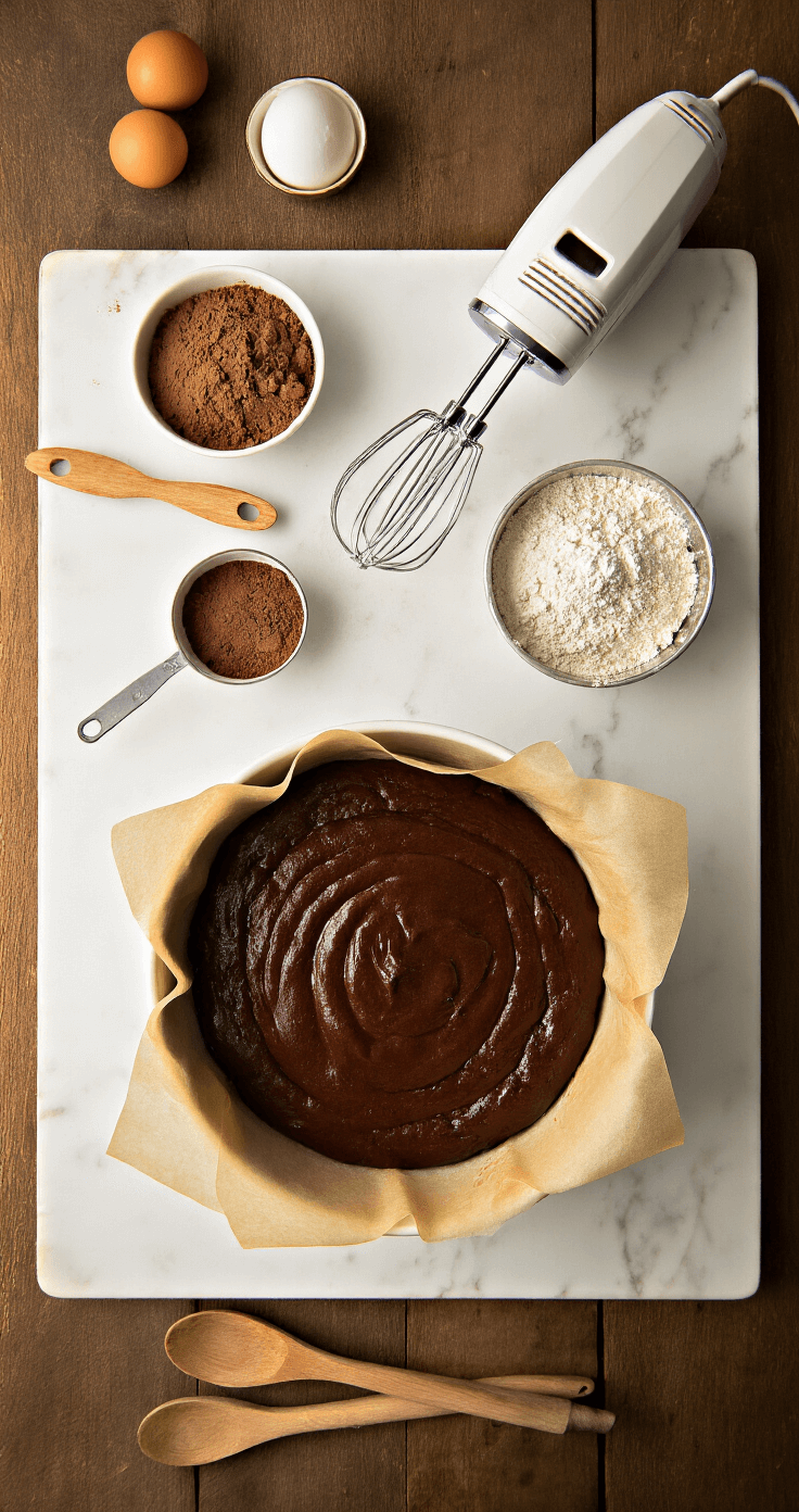 Overhead view of a rustic kitchen countertop with two lined cake pans and a bowl of rich chocolate cake batter, surrounded by cocoa powder, flour, and eggs, with a vintage hand mixer and wooden spoons on a flour-dusted marble surface.