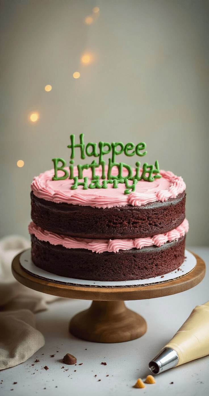 A close-up shot of a two-layer chocolate cake with uneven pink buttercream frosting, featuring wobbly green piped text that reads 'Happee Birthdae Harry'. The cake is softly illuminated, with butterscotch chips and crumbs on the wooden stand, and a wand-like piping bag nearby.