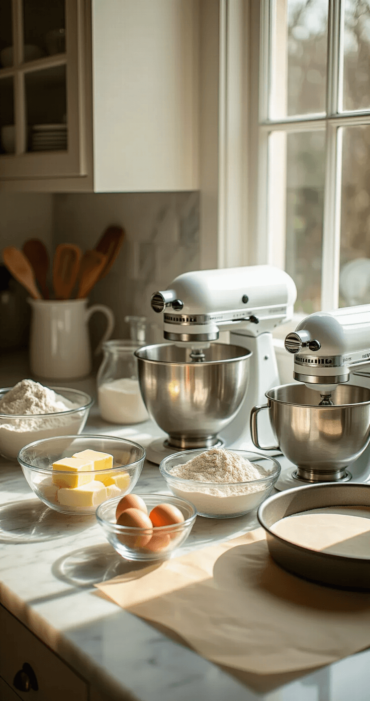 A sunlit kitchen countertop showcasing baking ingredients in glass bowls, including softened butter, fresh eggs, and flour, with a stand mixer and a round cake pan. Natural light casts gentle shadows on the marble surface.