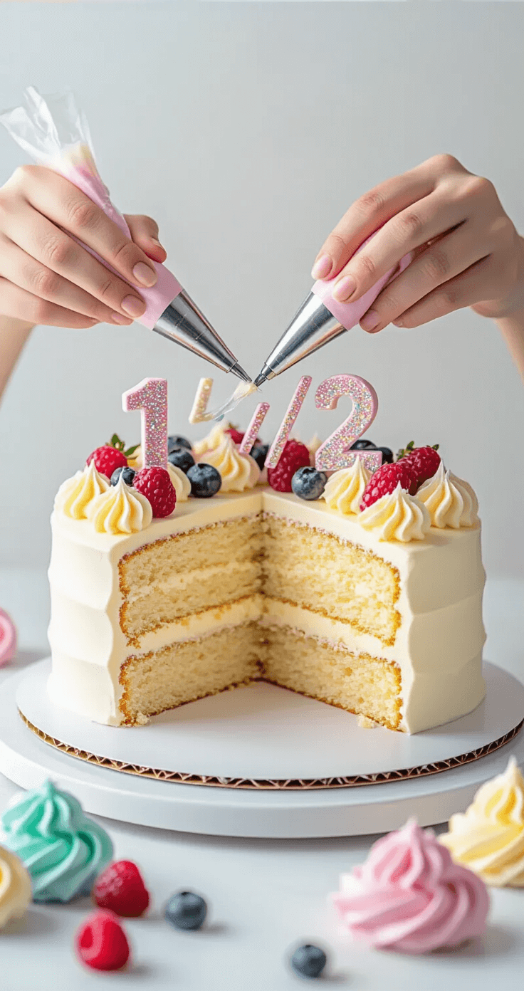 Close-up of hands applying pastel buttercream frosting to a half-moon shaped vanilla cake on a turntable, with colorful piping bags, sparkly '1/2' toppers, and fresh berries nearby, all illuminated by soft studio lighting.