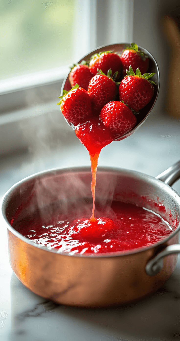 Strawberry Birthday Cake: The Ultimate Celebration Showstopper Close-up of vibrant red strawberries in a copper pot, bubbling and transforming into a glossy reduction as steam rises. Natural light illuminates the jam-like consistency on a marble countertop in a professional kitchen.