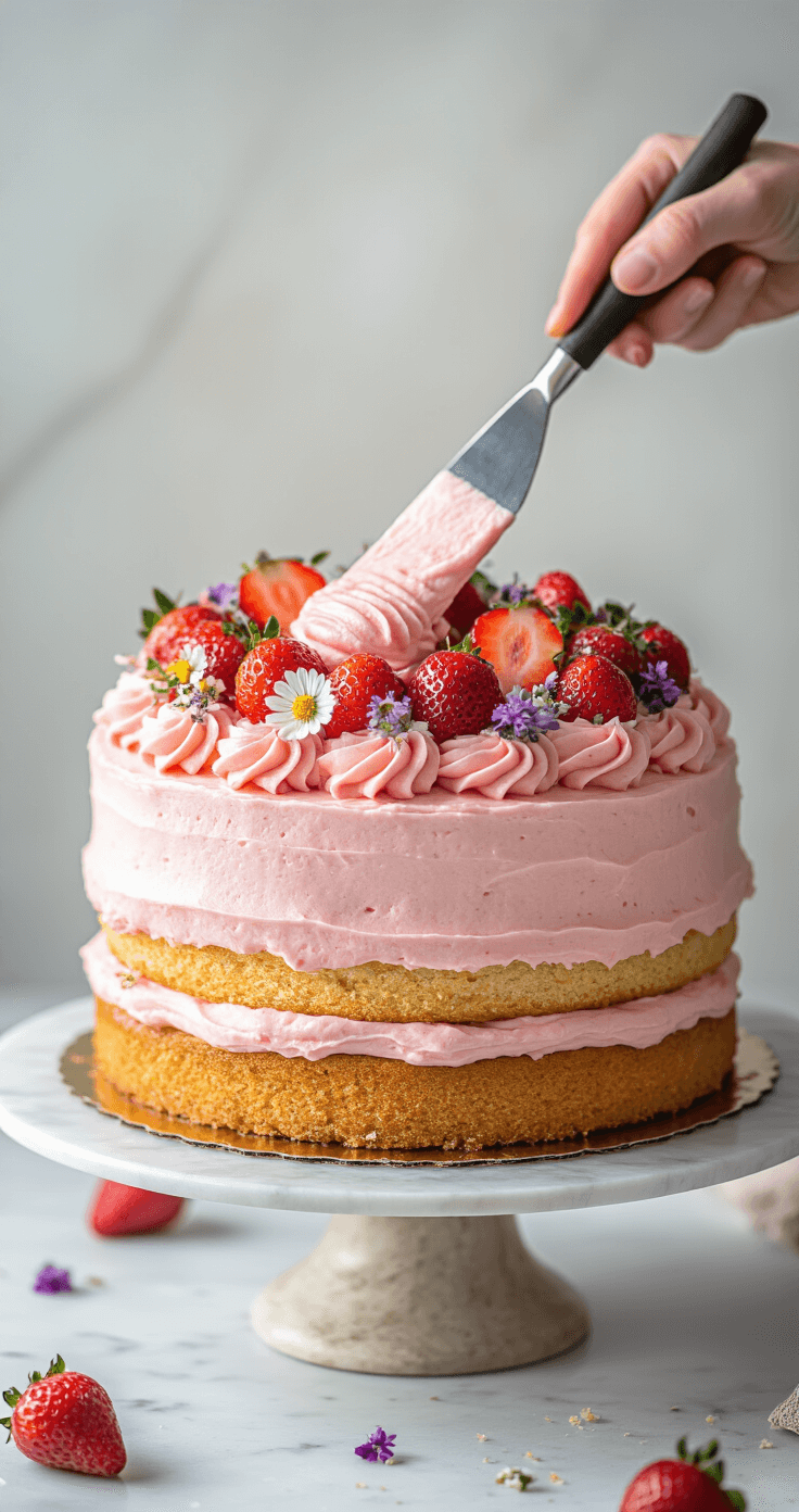 Strawberry Birthday Cake: The Ultimate Celebration Showstopper Professional overhead view of a three-layer strawberry cake being assembled, featuring pink cream cheese frosting swirls, fresh strawberries, and edible flowers, set on a marble countertop with freeze-dried strawberry crumbs.