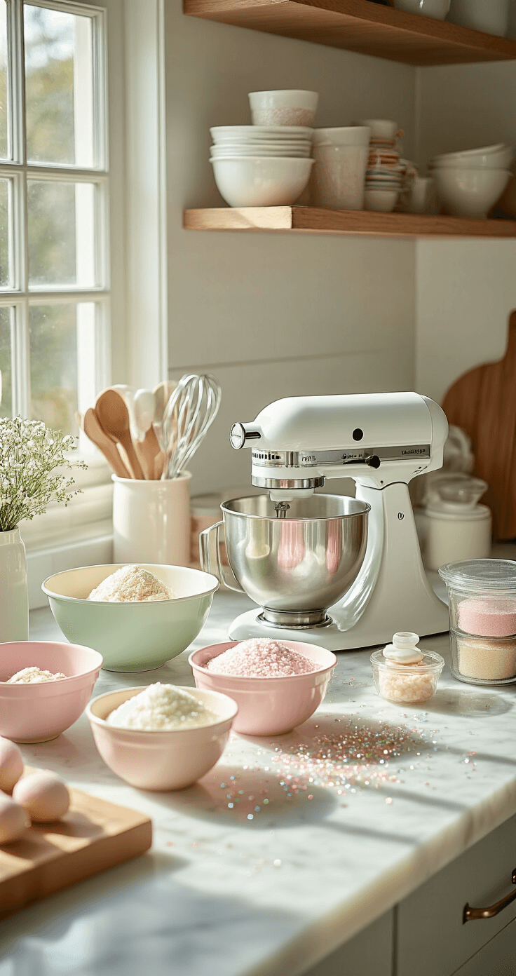 A bright kitchen workspace with a marble countertop, organized baking tools, pastel mixing bowls, measuring cups, and fresh ingredients, illuminated by natural light, featuring a stand mixer and colorful fondant packages.