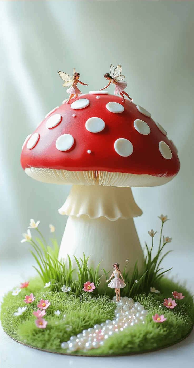 A whimsical toadstool-shaped cake with a glossy red fondant dome cap, adorned with white polka dots, surrounded by green fondant grass and tiny flowers, featuring shimmering edible glitter and miniature fairy figurines among sugar pearl pathways, captured in soft, dreamy lighting.