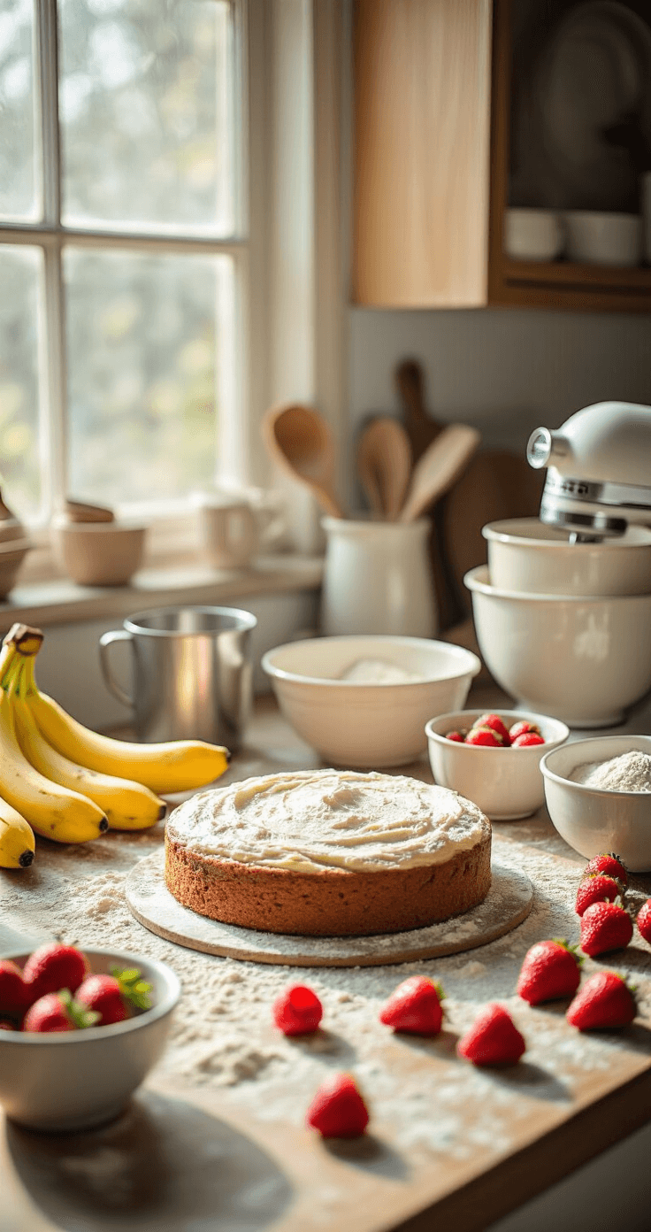Close-up of a rustic kitchen counter featuring baking ingredients like overripe bananas, fresh strawberries, and flour, illuminated by natural sunlight. The scene includes measuring cups, mixing bowls, and a vintage hand mixer, with a soft focus on freeze-dried strawberries in a ceramic bowl, conveying a warm, homey atmosphere.