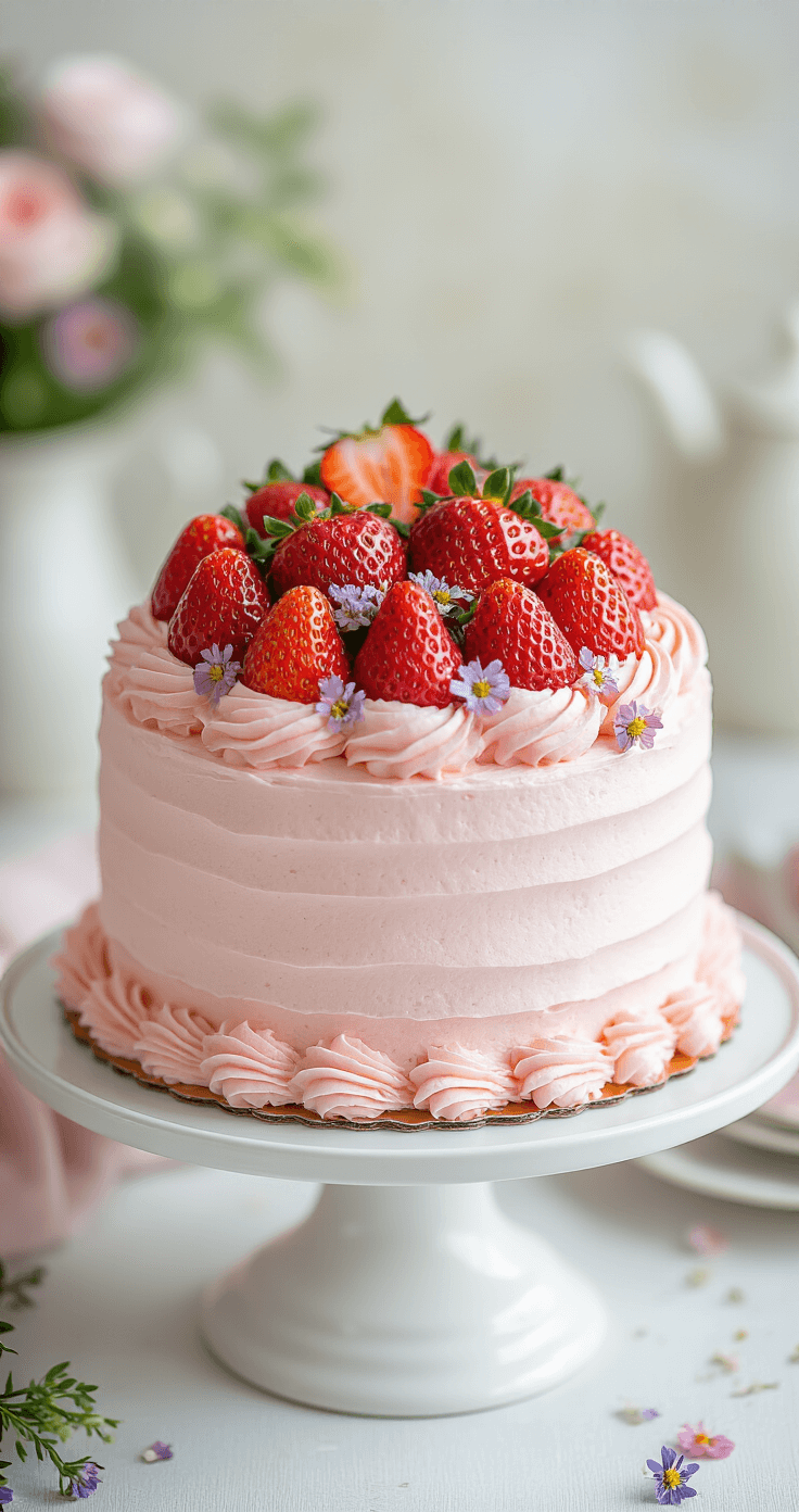 Overhead view of a 6-inch round birthday smash cake on a white ceramic stand, featuring pink-tinted whipped cream frosting, a crown of fresh strawberries, and scattered edible flowers, set against a softly blurred vintage tea party background.