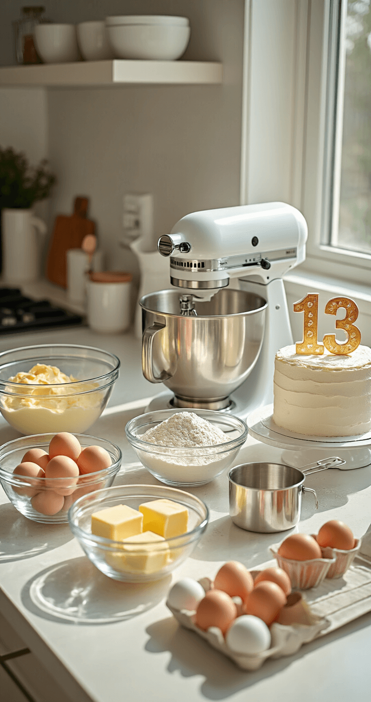 A bright modern kitchen counter with neatly arranged ingredients for a birthday cake, including eggs, butter, vanilla extract, flour, and sugar, alongside a stand mixer and a '13' cake topper.