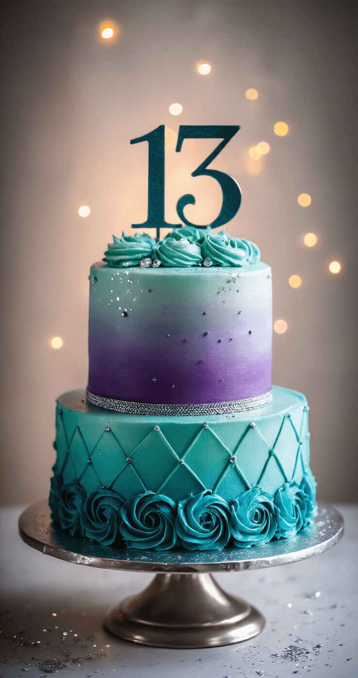 A three-layer birthday cake on a metallic stand, featuring teal to purple ombré buttercream, a modern '13' topper, rosettes, geometric patterns, and edible glitter, dramatically lit for a stunning presentation.